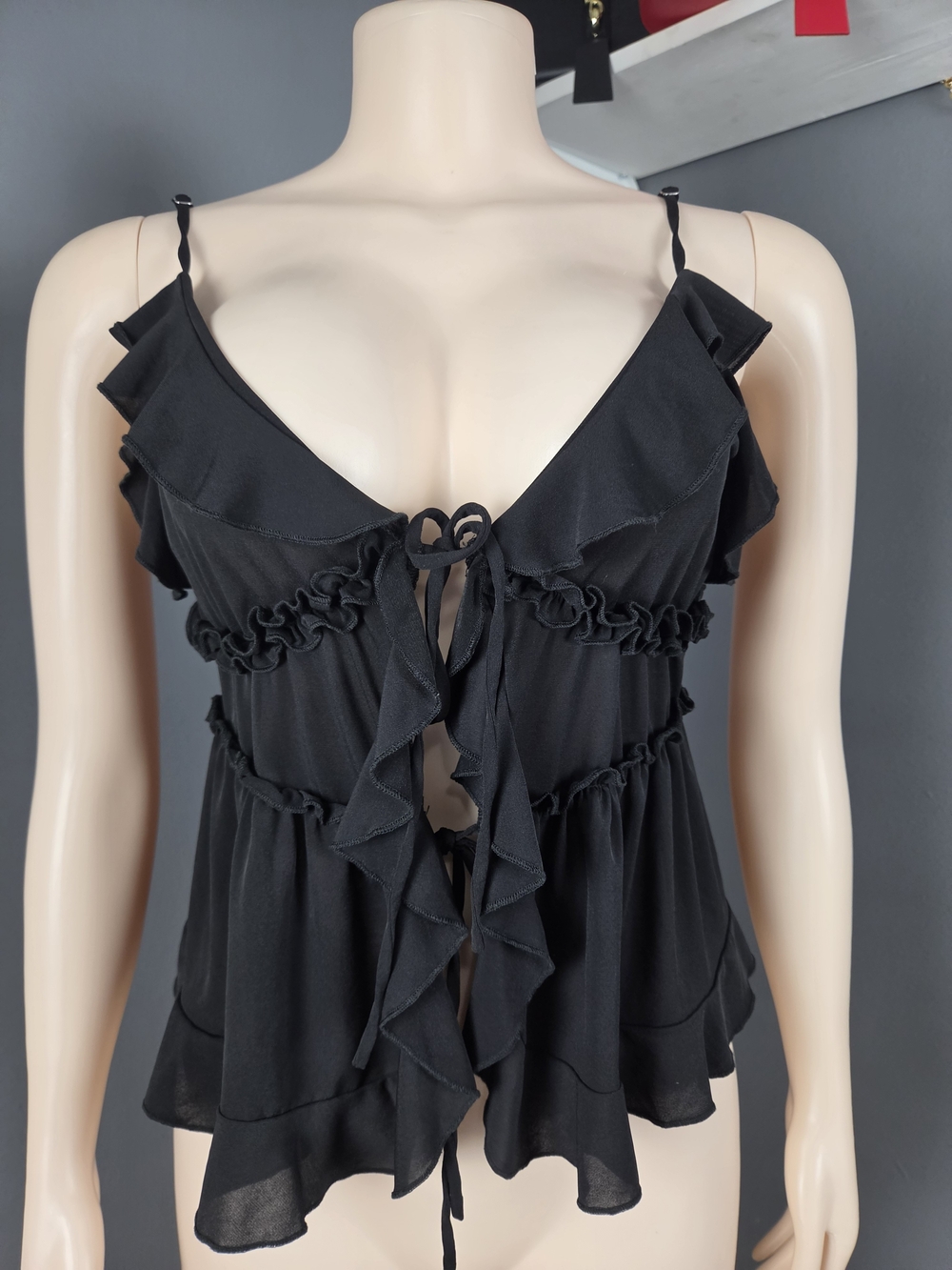 Black Ruffle Tie-Front Tank with Adjustable Spaghetti Straps